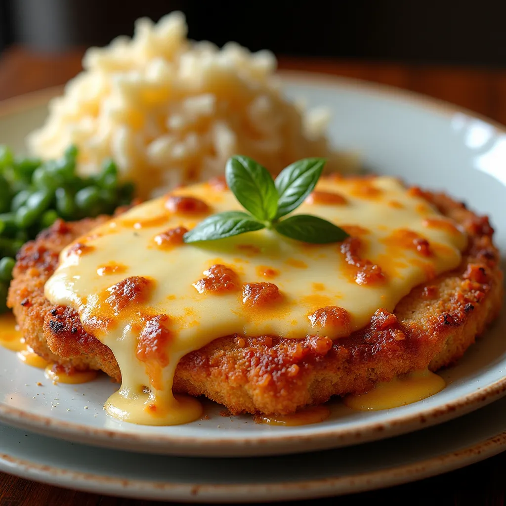 A plate of chicken fillet with parmegiana,  Served with fresh, loose rice, and a velvety mashed potato, Creamy and Irresistible .