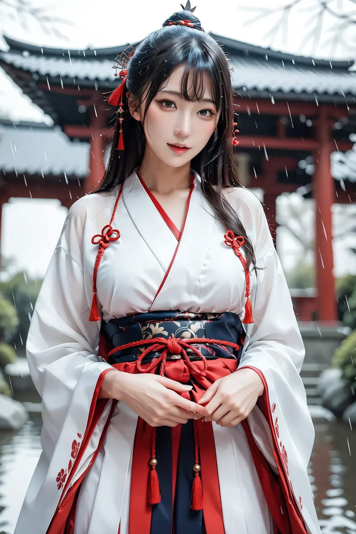 Shrine maiden dancing in the rain at the shrine,Smooth long black hair,dark brown eyes,Very delicate depiction,Mysterious