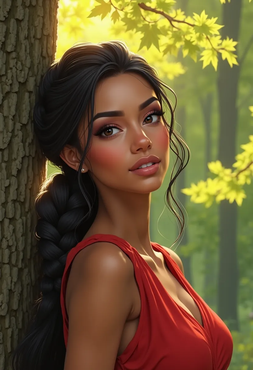  A young woman with light brown skin and long hair , smooth and dark. Her hair is partially braided at the top of her head, while the rest falls softly over her shoulders. She has striking eyes and well-done makeup, with defined eyebrows and neutral lipsti...