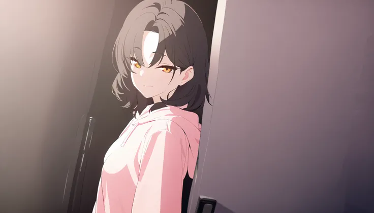 masterpiece, best quality, solo, 1girl, mature, dark brown hair, medium hair to shoulder, wavy straight hair, orange eye, small to medium breast, pastel pink hoodie, standing, looking at viewer, chill, smiling, black background only