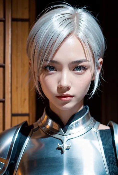 Generate a woman with short hair, Platinum color and that it is from medieval Japan