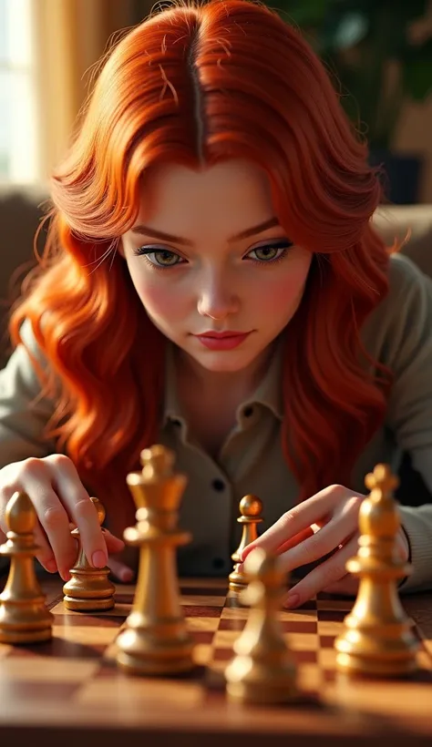 A realistic 3D-rendered close-up of a red-haired woman with wavy, voluminous locks, inspired by the style of Anya Taylor-Joy, deeply focused on a chess game. Her delicate hands gracefully hold a chess piece, her expression intense and contemplative. The se...