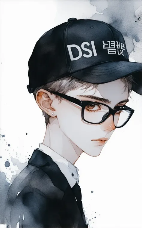 Webtoon style poster, watercolor painting, close-up image of Korea with 1 main character. In the middle, A young man with a strict face color with short hair, , cropped brown hair Neatly composed, , , a stiff look that indicates his commitment.  Put on a b...