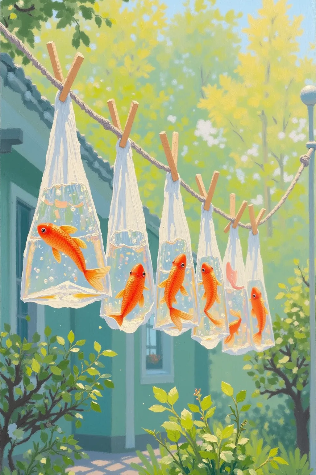 A row of transparent bags hangs from the clothesline，There is a goldfish inside