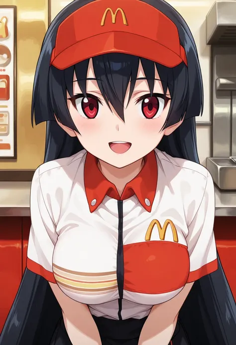 1girl, solo,akame-illustxl, long hair, black hair, red eyes,very long hair, mac,employee uniform, fast food uniform, visor cap, short sleeves, clothes writing, looking at viewer, standing , smiling, open mouth, close up , indoor,Fast food restaurant,anime,...