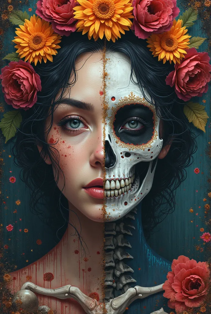 Create an image of a woman's face half skeleton and half skin. that has things from the Day of the Dead in the background and I have a phrase about something related to that.
