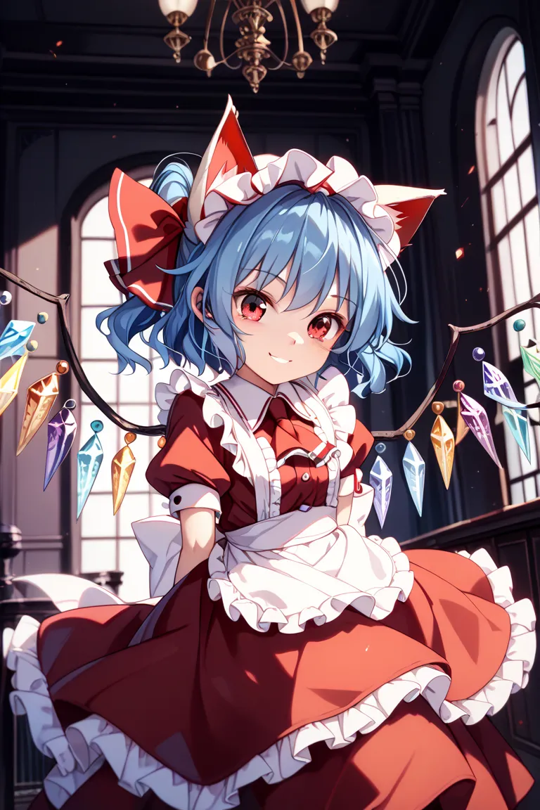 (((Flemish Scarlet from Touhou Project)))、(((flandre scarlet)))、(((Pastel blue hair )))、((cute cat ears))((red eyes))、Smile、(((pastel burgundy maid clothes with frills)))、(((Inside a large dark room in the Red Devil at night)))、I can see my whole body down...