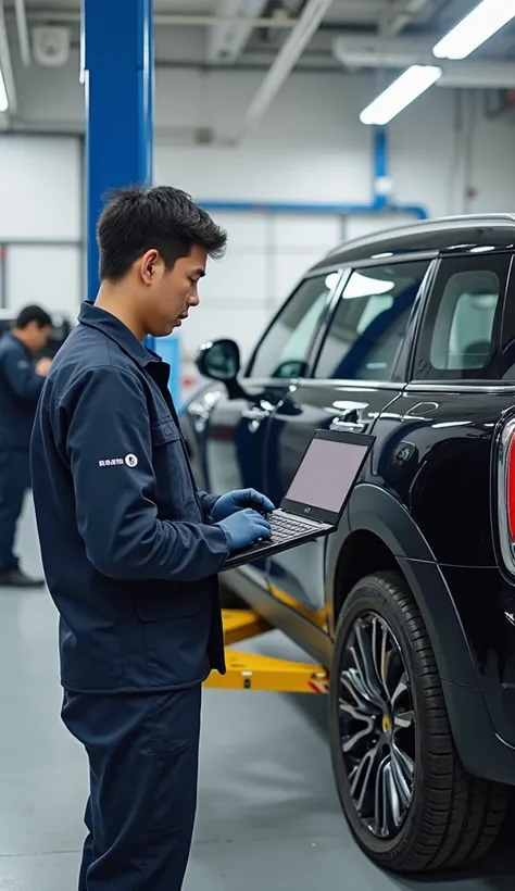 The 25-year-old Japanese mechanic、using a laptop diagnostic machine next to the black MINI Cooper S Clubman R55 with the front wheel tire removed on the lift in the maintenance shop、Please describe the scene where you are inspecting。anatomically accurate d...