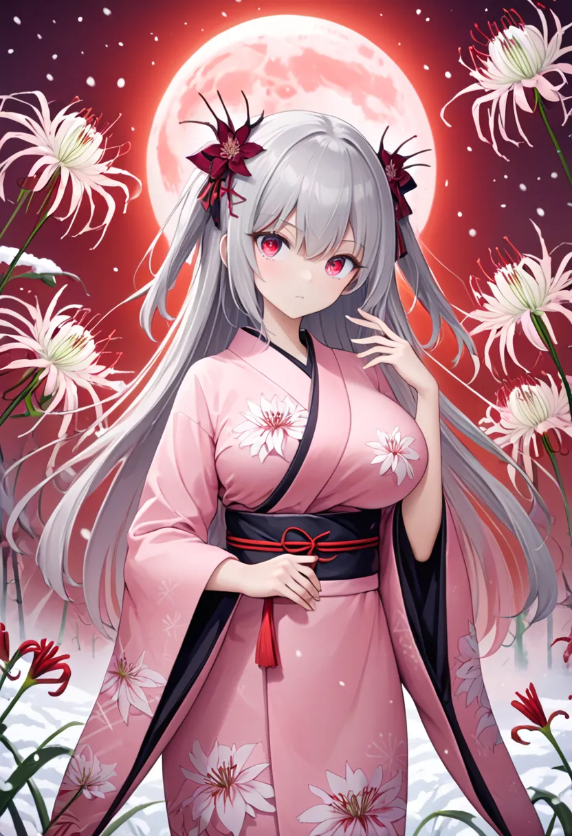 pink retro modern kimono、Short pink kimono、pink kimono with long sleeves、Higan flower pattern on the kimono、 long gray hair on human hands、two side up、 Higan Flower Hair Ornament、emits a red aura from the eyes、Big Breasts、big red full moon on background、Fi...