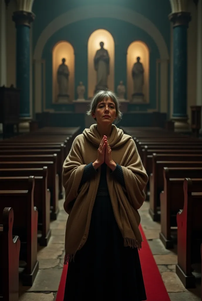 "A solemn and atmospheric scene inside an old, dimly lit church. A middle-aged woman with light skin and gray-streaked hair is in the foreground, her face partially illuminated by soft, warm light. She stands with her hands clasped in deep prayer, eyes clo...