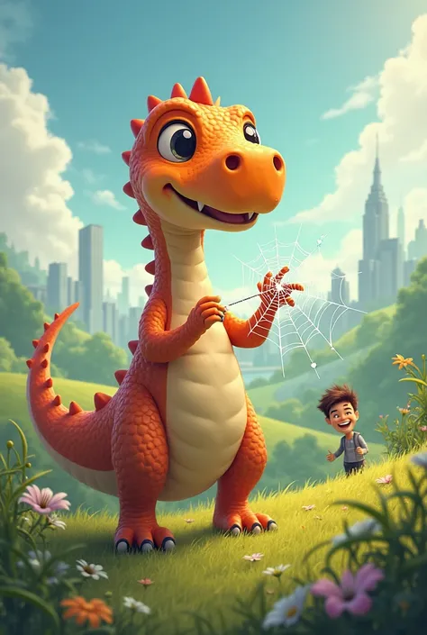 A friendly dinosaur (the Websaur) holding a modern web, with an entrepreneur smiling in the background