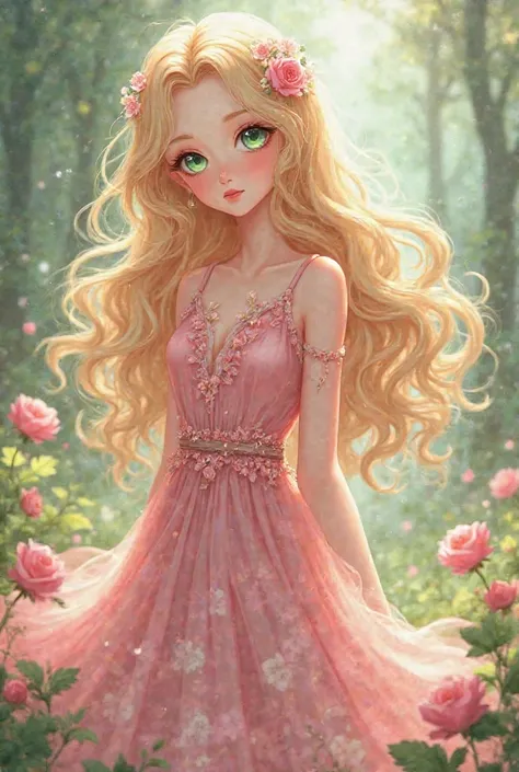 Do one with long curly blonde hair, light green eyes, with a pink floral dress, delicate anime-style face/ comic/time