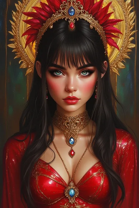 oil painting hyperrealistic fantasy, beautiful 25-year-old Russian woman with Russian features, very long and PERFECTLY STRAIGHT jet-black hair with bangs, sapphire blue eyes, shiny reddish lip gloss, white skin de porcelana como muñeca, pink cheeks,YOU MU...