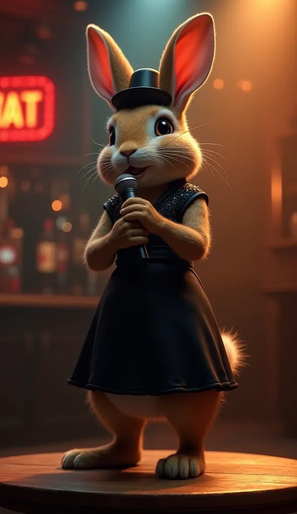 A highly detailed, 3D realistic rabbit stands on a dimly lit bar stage, illuminated by a soft, moody spotlight. The rabbit wears a black, alluring dress that elegantly hugs its figure, exuding a mature and captivating aura. A small, stylish hat sits slight...