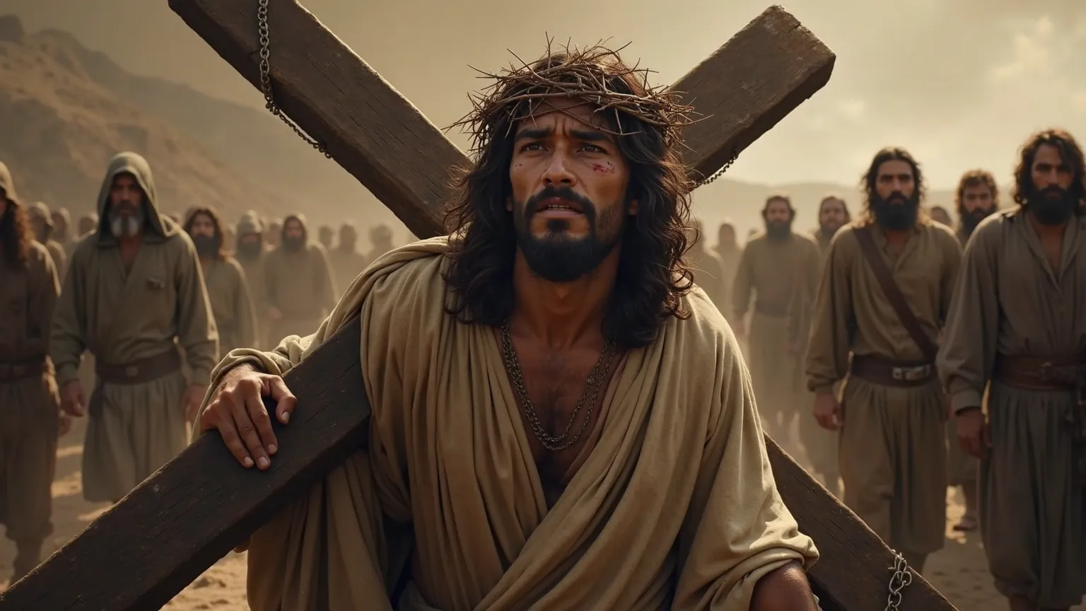 JESUS WITH THE CROWN OF THORNS WALKS WITH THE CROSS