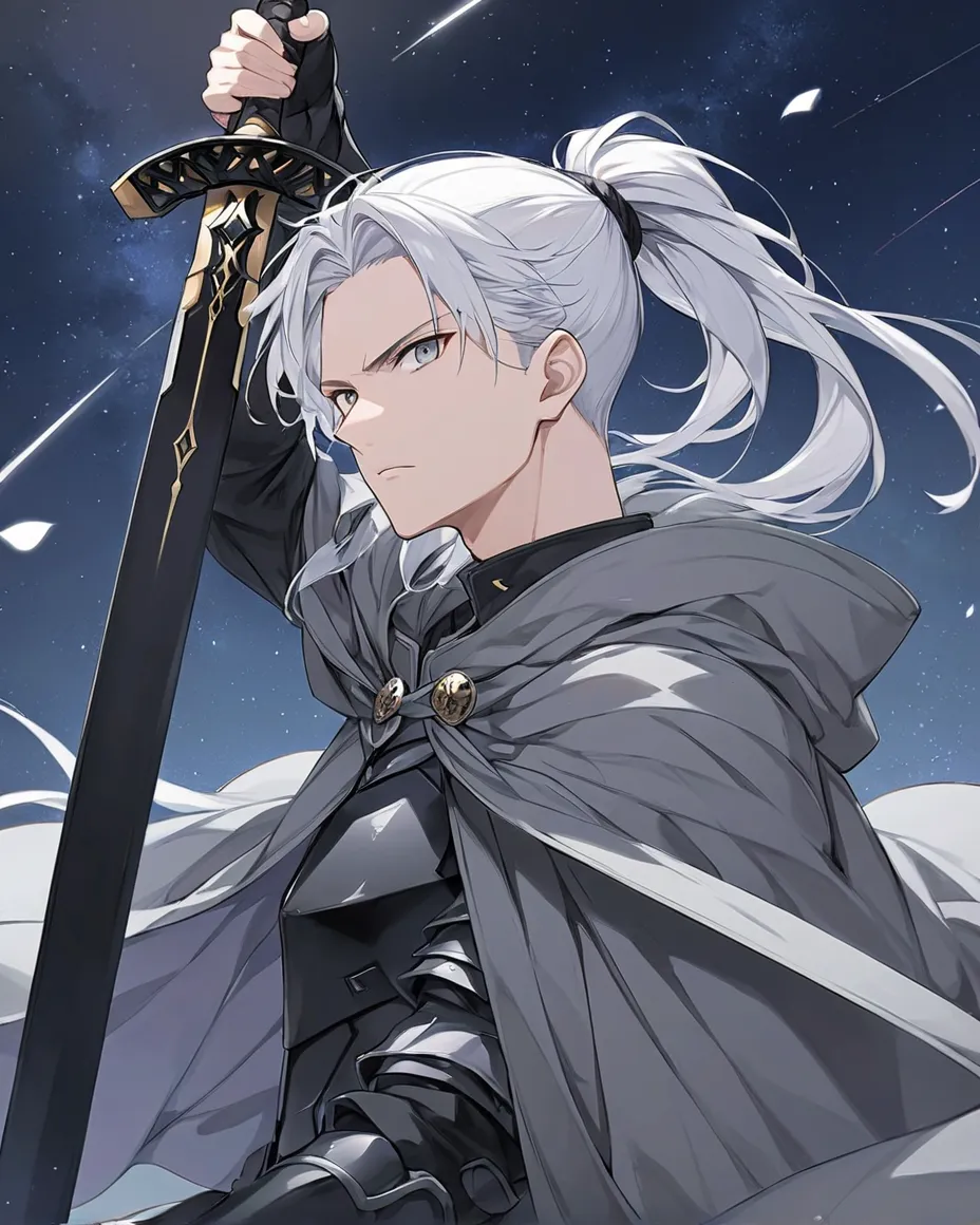 Masterpiece, 1_man, male, young adult, long white hair, hair tied in the back, gray eyes, serious face, slim black armor, (gray overcloak:1.3), (holding a black sword:1.2), night sky in background, score_9, score_8_up