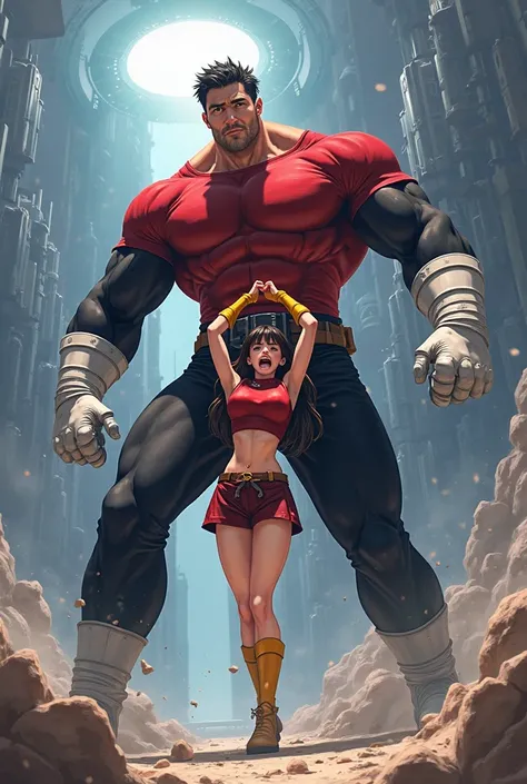 ( Anime style photo ) A giant, muscular man with short black hair, a tight red t-shirt with tight black long sleeves,  white gloves, tight black long pants and white boots. The man is in a space tournament making an evil smile while lifting a woman screami...