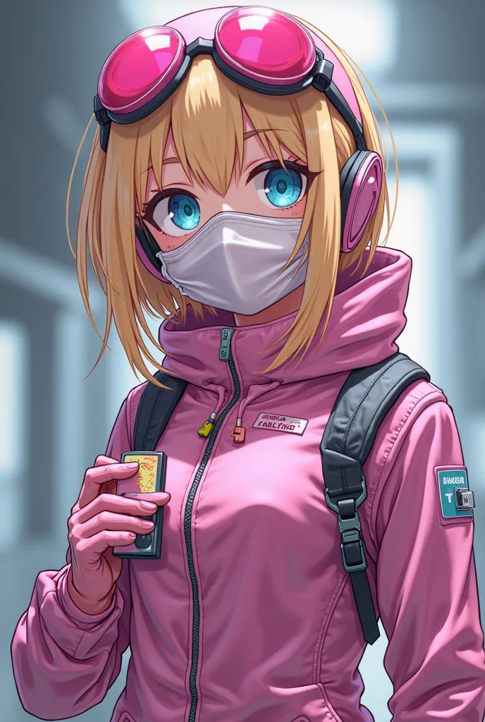 Anime girl with blonde hair and blue eyes wears a pink zip up tyvek suit with a hood pink goggles cover her eyes a pink surgical mask and pink latex gloves wears a lapel mic and holds a mini tape recorder