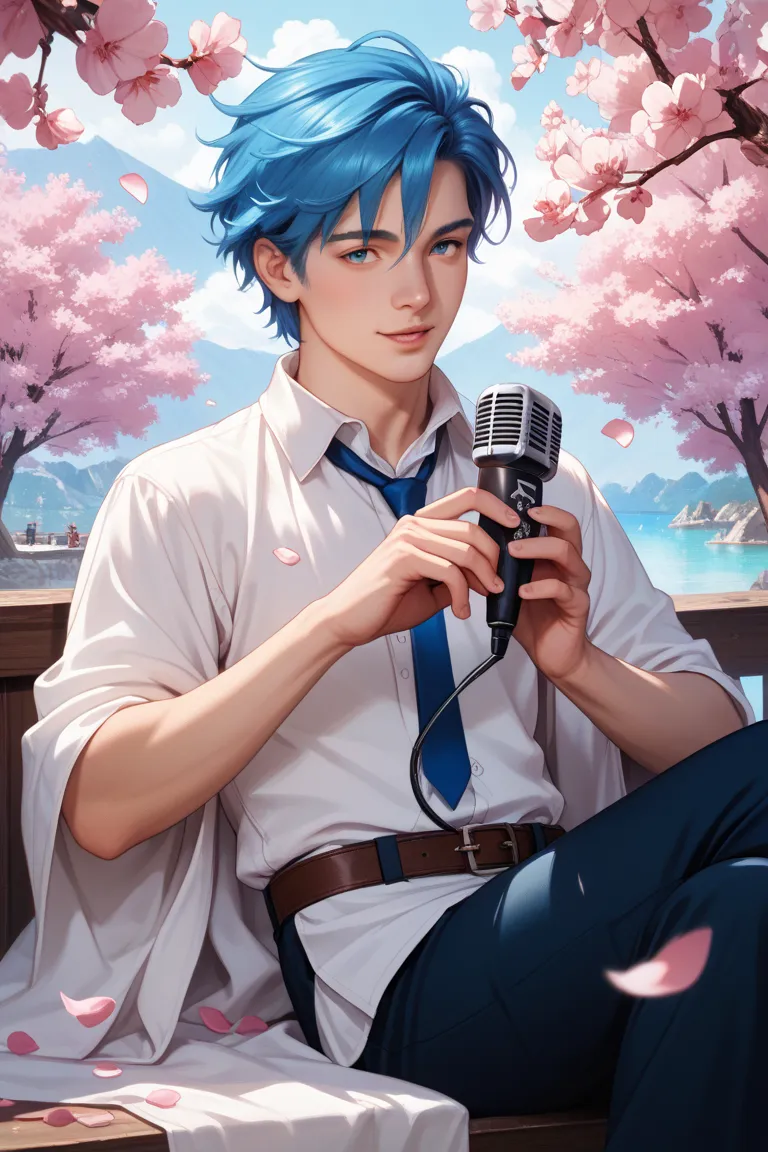 Under the cherry tree、Sing while sitting while holding a microphone、A man about 40 years old with blue hair。