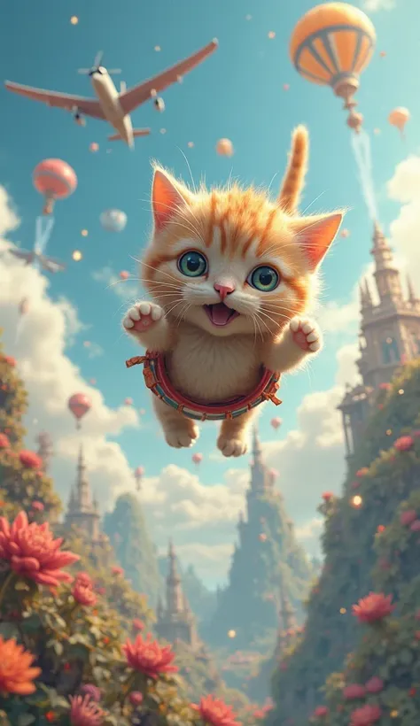 A cute cat skydives、 Jumping off an Airplane 、fantasy world、