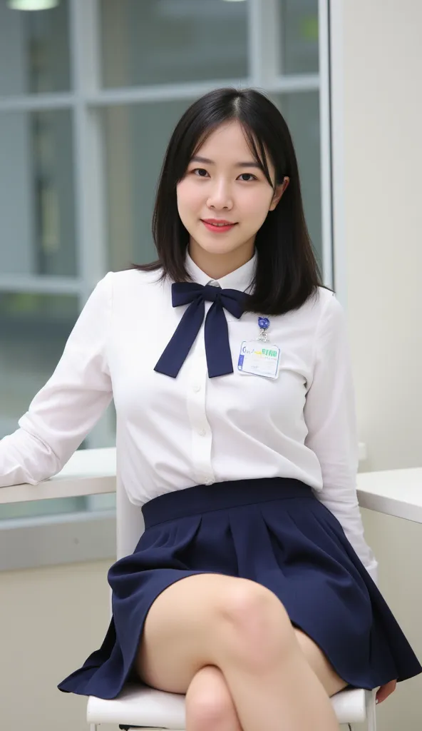 The image shows a young woman, appearing to be an office worker, sitting at her desk. 

She's wearing a white, long-sleeved blouse with a dark navy bow tie and a dark navy A-line skirt that falls just above her knees. Her legs are crossed at the ankles. Sh...