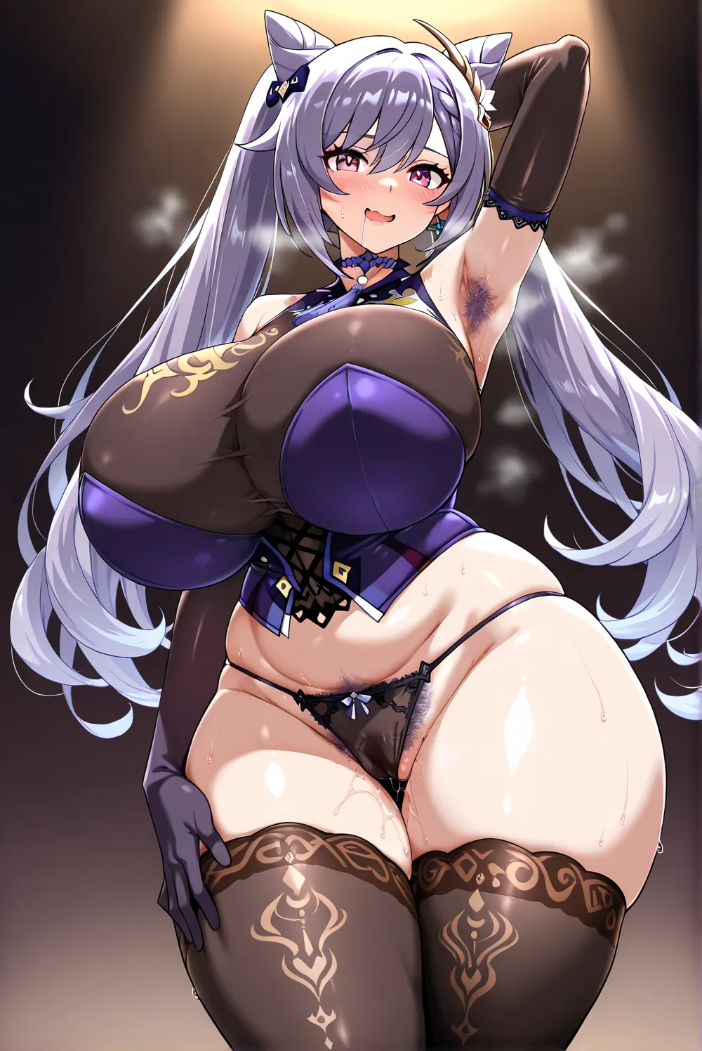 (Keqing),(in heat,blush,wavy mouth,open mouth,smile,body sweat,),drooling,(gigantic huge busty,glamorous,plump,big hips,breasts together,tight breasts,covered breasts,),((Keqing (genshin_impact) Costume)),(panties,corset,solo,elbow gloves,thigh high socks,...