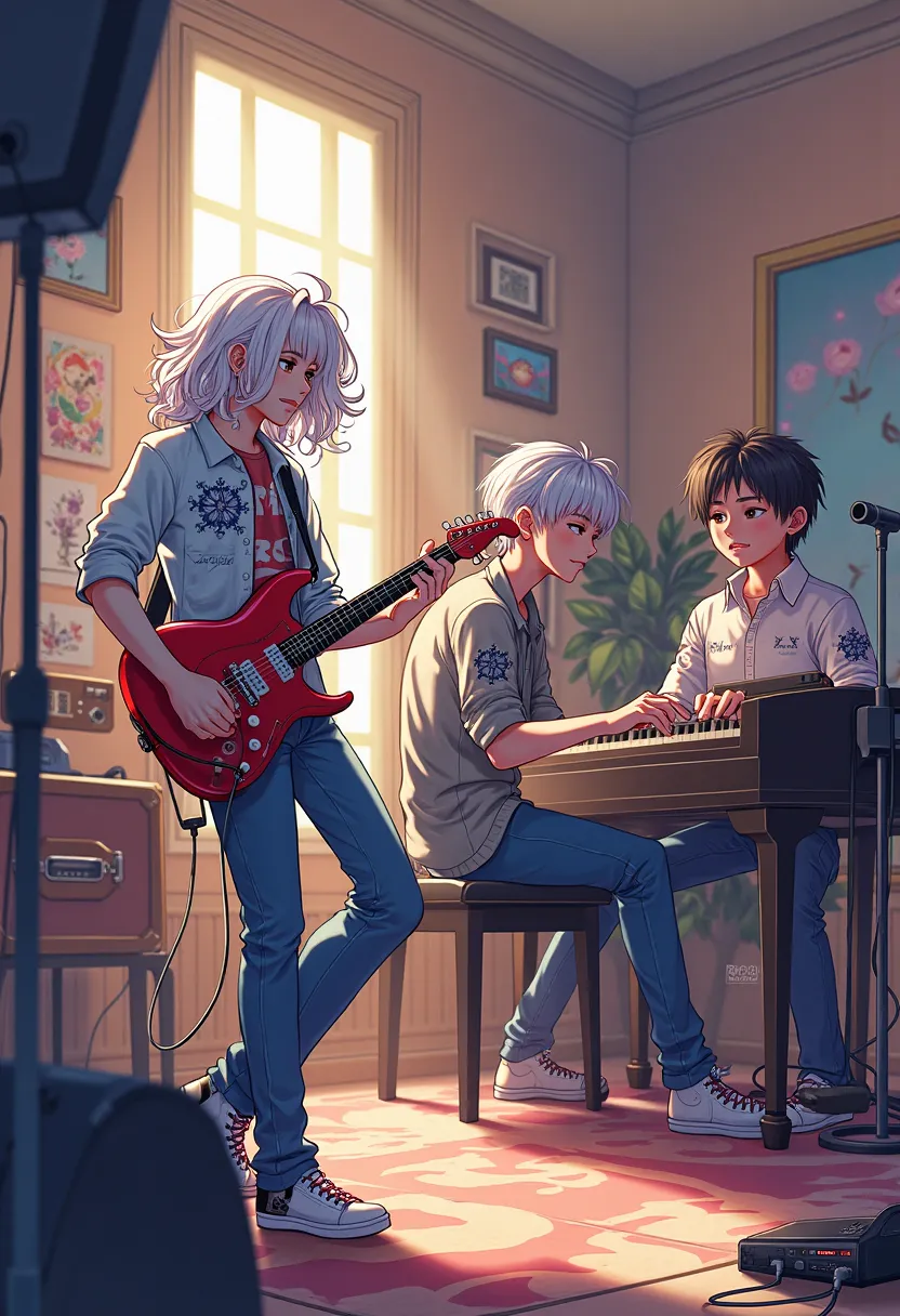 Create an anime-style image of three boys in a band one producing with a pc, Another playing electric guitar and the other the piano, that the guy with the guitar has long curled hair and is white, that the piano boy has straight hair and a cap and that th...