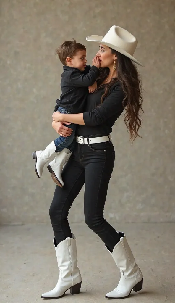 cowgirl woman wearing white cowgirl hat, black long sleeve shirt, white belt, black pants, white pointed toe boots (inside the pants), woman hip lift and carry boy on her arms like a baby, woman stomps left boot hard and angrily.
woman waving her left hand...