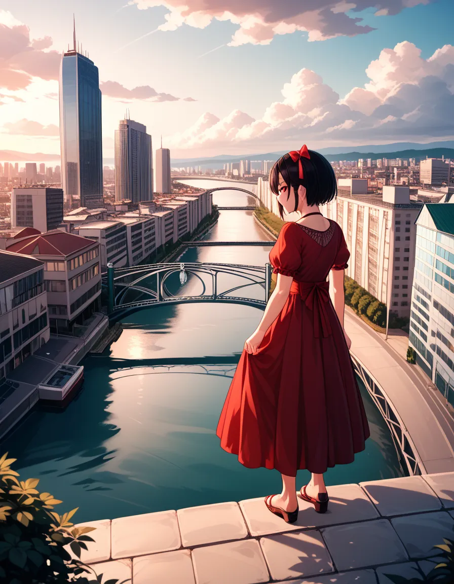 (masterpiece, latest,Exceptional:1.2), anime,1 girl crouching,前hair,black_hair, beautiful 8K eyes  ,green_null, bridge ,building,city,city,cityscape,cloud,day, dress,kiss scene with fat man watching e gi_in_viewer,outdoor,red_neckwear,red_ribbons,ribbons,r...