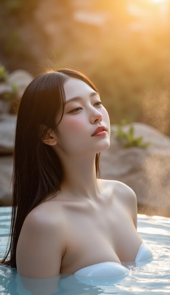 a picture of a beautiful hot spring woman gracing the cover of a hot spring magazine、Side angle photo、The posture of holding up to the shoulder in the bathtub and looking up、((Upstyled hair with beautiful black hair lightly gathered together))、perfect styl...