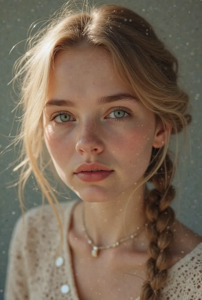 1 girl, فتاة Beautifulة عمرها 18 عامًا, braids, وجه Beautiful, amazing, Beautiful, Beautiful, وجه Beautiful,  pale skin , portions,  blonde hair , blue eyes, lips ممتلئة ولامعة, lips, really, High quality details,  Oil painting , Studio lighting, bokeh sha...