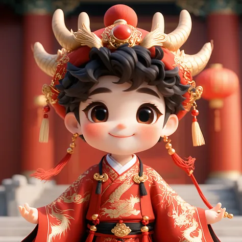 Game Character Design，3D character rendering，((( vector pattern )))，(1 cute boy，wearing a red dragon head hat，Wearing China's Red Emperor Dragon Costume is Inside， clothes are drawn with a golden dragon pattern 、 phoenix and other stripes ，highlights the t...