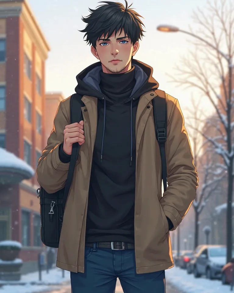  A picture of a college man in anime style, with a slightly bulky physique, with short and sparse black hair, and a light beard. Blue jeans...A lightweight coat that fits the cold morning weather.A black winter shirt with long sleeves and a long neck.carri...