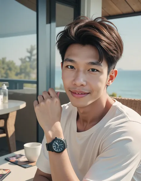 A young Malaysian man, short hair,Sunshine Youth, perfect face ,Charming smile,Wearing seaside vacation outfit,Light linen shirt,Handsome,lifts his left hand to show off his watch on his wrist。 sit on a wicker chair, coffee on the table 、magazine and sungl...