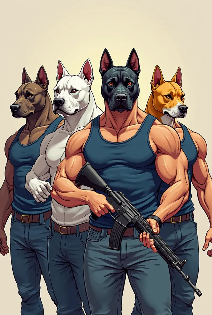 Create a vector cartoon image: 3 muscular men the face of a cane corso dog, a man dressed in a navy blue tank t-shirt with the face of a white pitbull, a man dressed in a navy blue tank t-shirt with the face of a white pitbull e preta, a man dressed in a n...