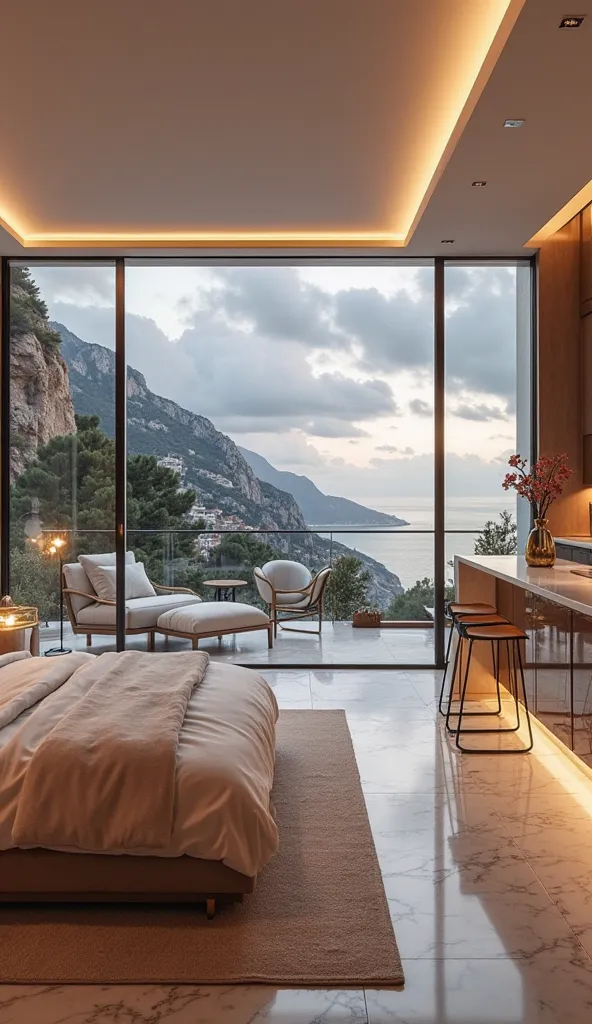 A luxurious villa interior in Monaco with an exciting design. The bedroom features a modern and elegant style, incorporating soft ambient lighting, a king-size bed with a plush headboard, and floor-to-ceiling windows overlooking a stunning view. The decor ...