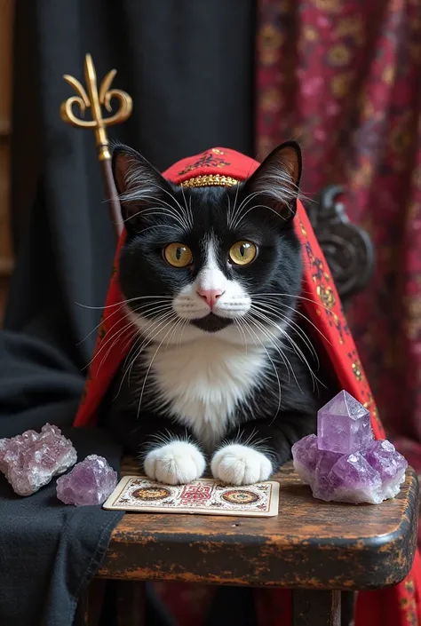 Black and white cat with a black spot on the nose, wearing a gypsy-style headcloth, playing gypsy deck on a wooden table, on a black cloth with amethyst and selenite crystals on top, all on a black and red background with a dove trident coming out from beh...