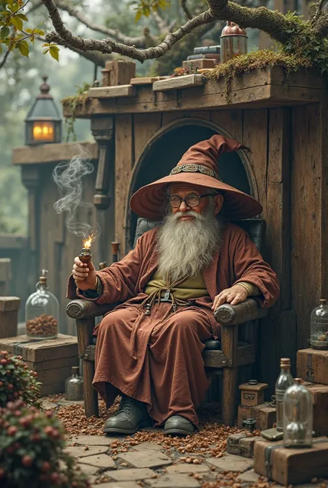 Wizard smoking pipe next to box fort 