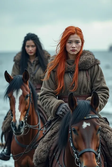 Two Asian Viking women in furs ride horses on the edge of the sea and look at the camera. red hair, black hair, High resolution, Точность,  in detail, High detail, Ultra high definition, realism, looks at the viewer,