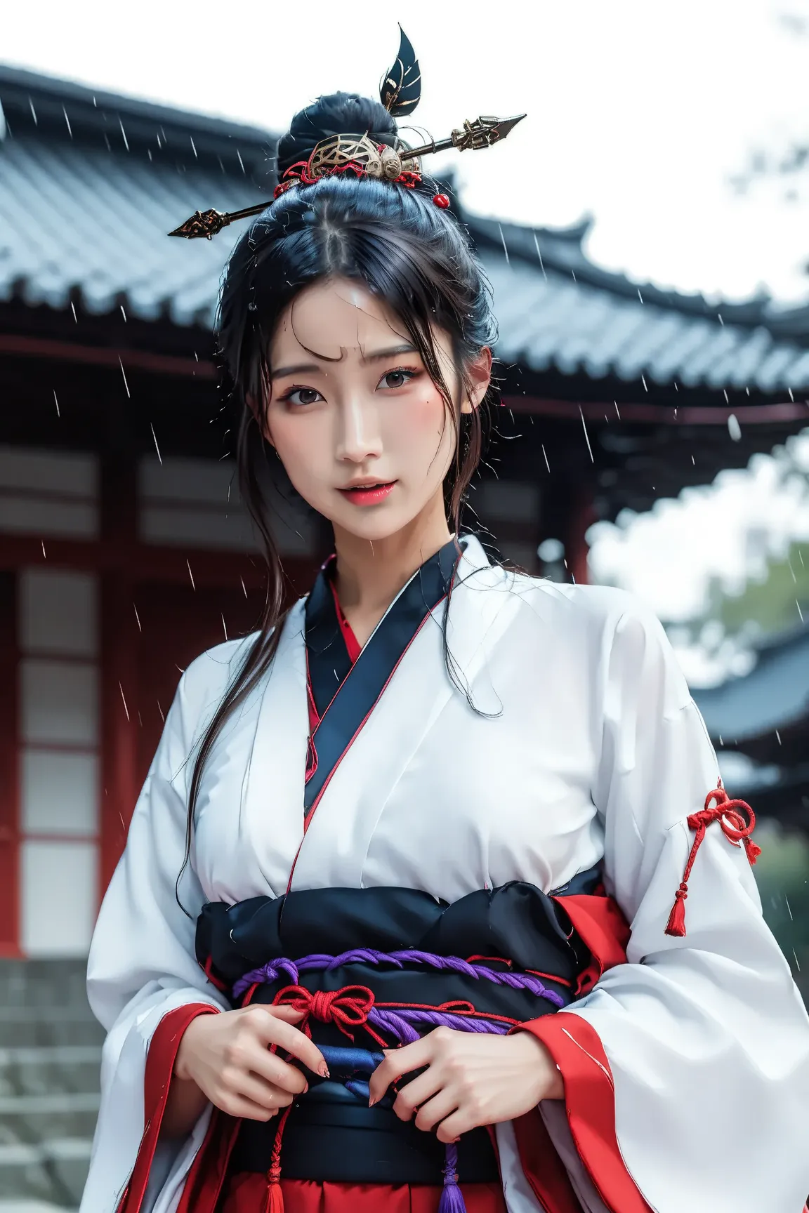 Mysteriousな雨の神社,has dark brown eyes and long black hair,The shrine maiden dancing in the rain,Slender expression,Mysteriousな雰囲気,4K,High Resolution,HDR,ultra-detailed depiction,realistic,Mysterious,Mysterious,abyss,Dark and dark colors,