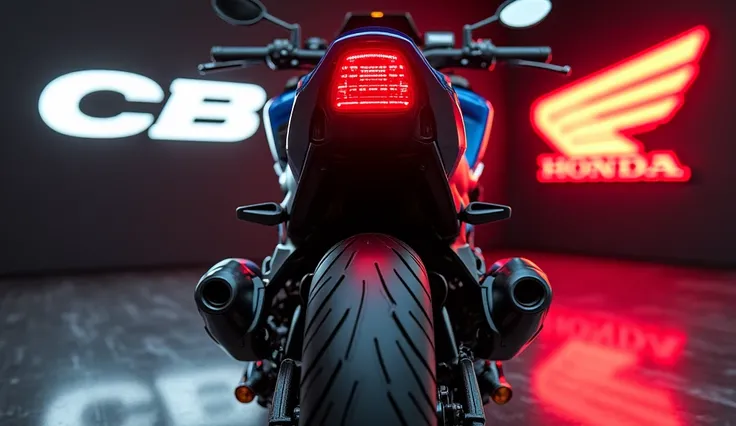 "A 3D-rendered straight back view of the 2025 Honda CB 400, highlighting its powerful rear design. The taillight has an ultra-detailed, glossy red finish, while the exhaust and rear fender showcase a high-performance aesthetic. The rear tire is thick and r...