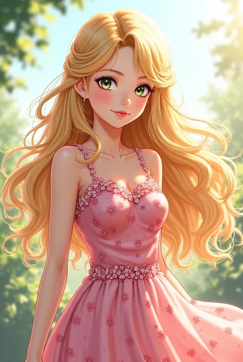 Make one with long curly hair, What hits the floor in the color blonde, light green eyes, with a pink floral dress, Delicate face in anime (This one is 20 years old)