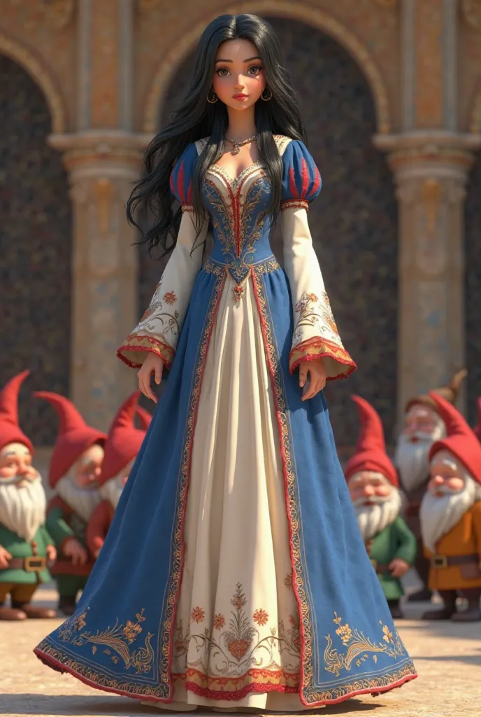 Snow White with dark raven black hair as an Arab Princess wearing a long flowing, white and blue, Lemai Vintage, Long Sleeve, Formal evening gown with red detailings, A-Line women’s Gothic dress. Full body image. With a seven dwarves standing in a line bes...