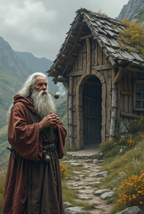 Wizard smoking pipe next to a fort named the hobo hut 