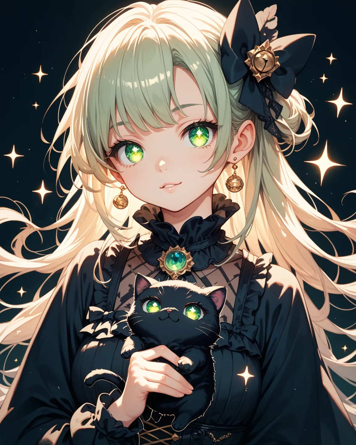 cute baby black cat Solo, green eyes, Glowing Eyes, Sparkle, Anime Style, High Resolution, Looking at viewer, Simple background, Best Quality, 