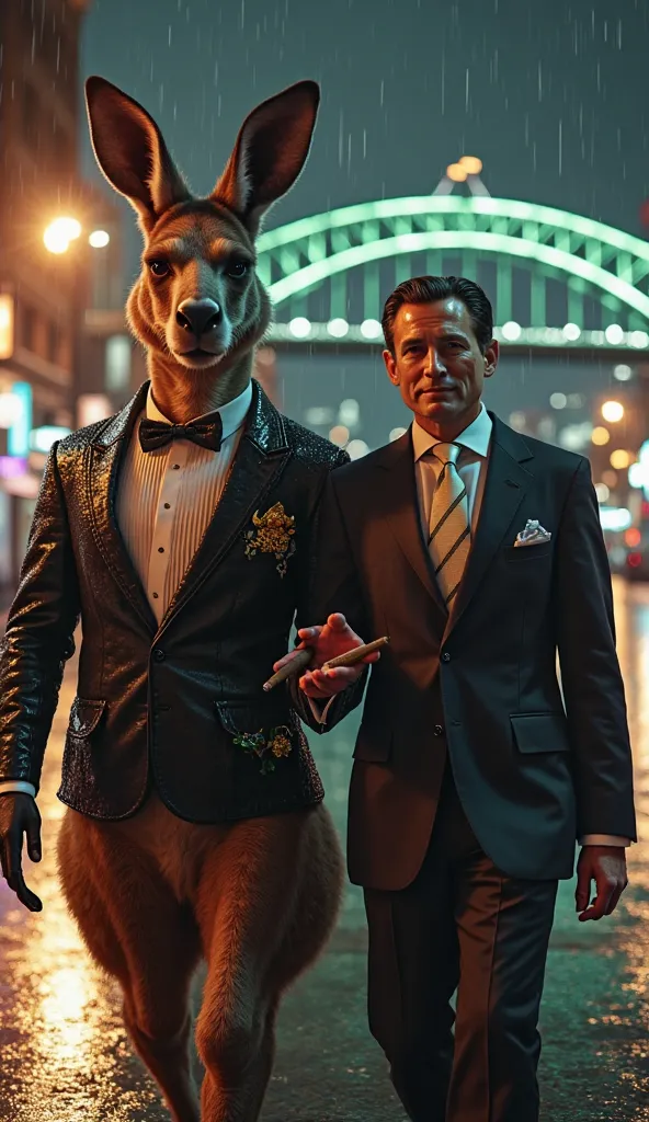 An ultra-realistic rainy night scene in Sydney, featuring a giant photorealistic anthropomorphic Australian kangaroo, standing about 15 meters tall, wearing a refined black tuxedo with a green and gold pocket square and an Australian national emblem pin, w...