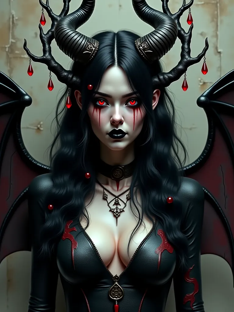 Lilith 

The image depicts a female figure with a gothic and demonic aesthetic.. here's a detailed description:

face and hair:

The figure has a pale face with dark makeup, The background of the image has a texture reminiscent of stone or concrete.
There ...