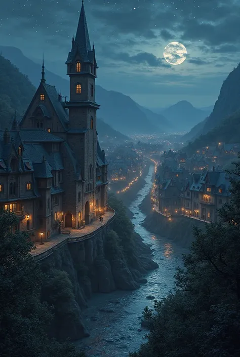 A wide-angle, cinematic view of an ancient town at night