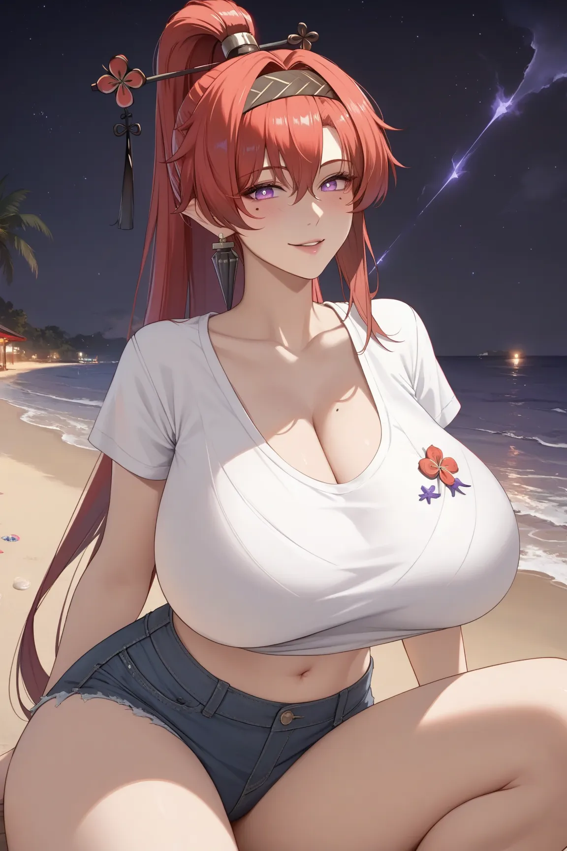 (((cowboy shot, cinematic lighting, midnight, night, dark))), ((Yinlin, red hair, mole under eye, purple eyes, hair stick, hair ornament)), (t-shirt, navel, short jeans, beach), 1girl, sagging breast, huge breasts, huge butt, thick thighs, sensual woman, m...