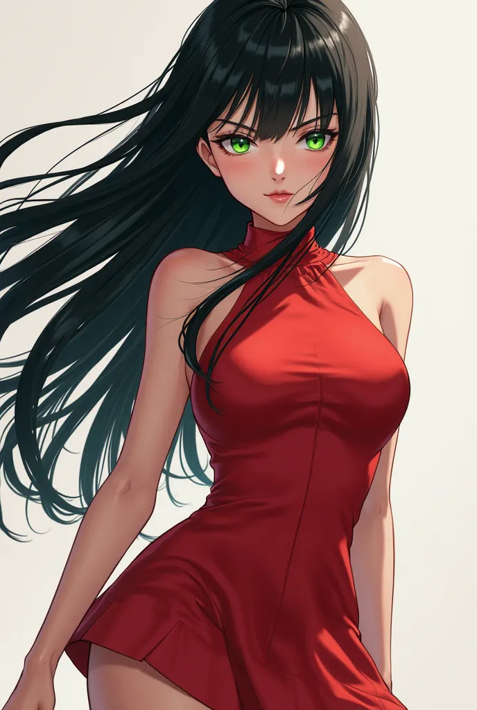 Make an anime version with long straight black hair, green eyes and delicate face with a short strong red dress (very dark) This one is 18 years old